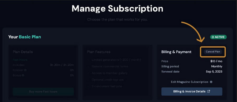 cancel Midjourney subscription