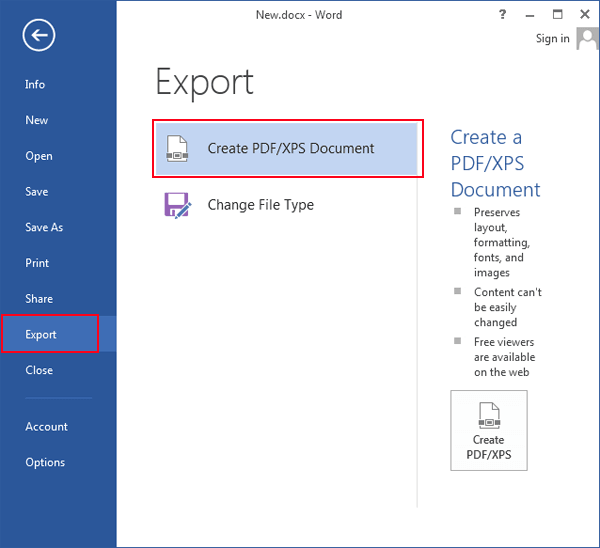 Convertir Word en PDF via Microsoft Export